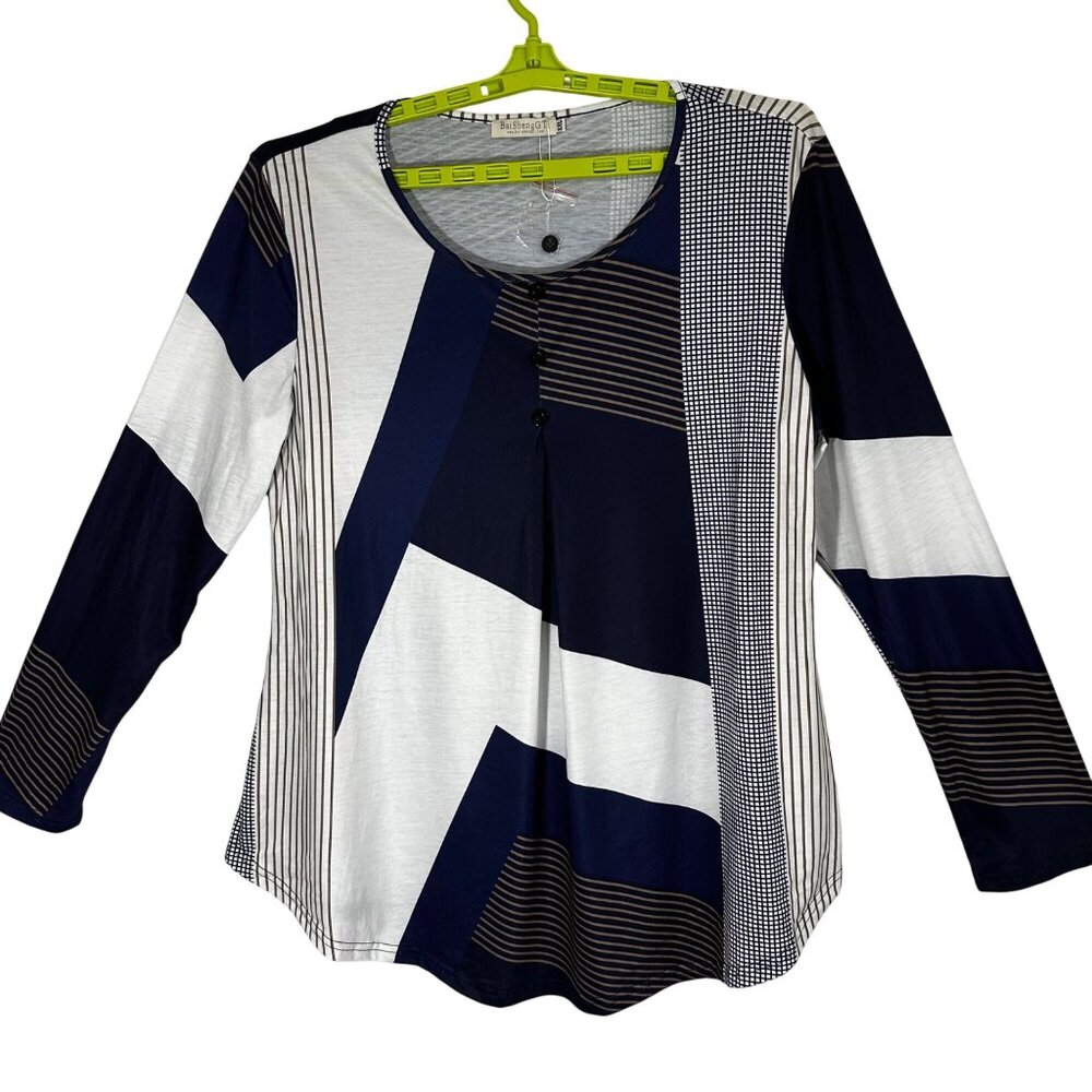 Bai Sheng GT Women's Long Sleeve Blue Nautical Geometric Patchwork Tunic SZ XXL